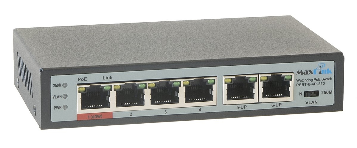 MaxLink PSBT-6-4P-250 PoE switch, 6x LAN/4x PoE 250m, 802.3af/at/bt