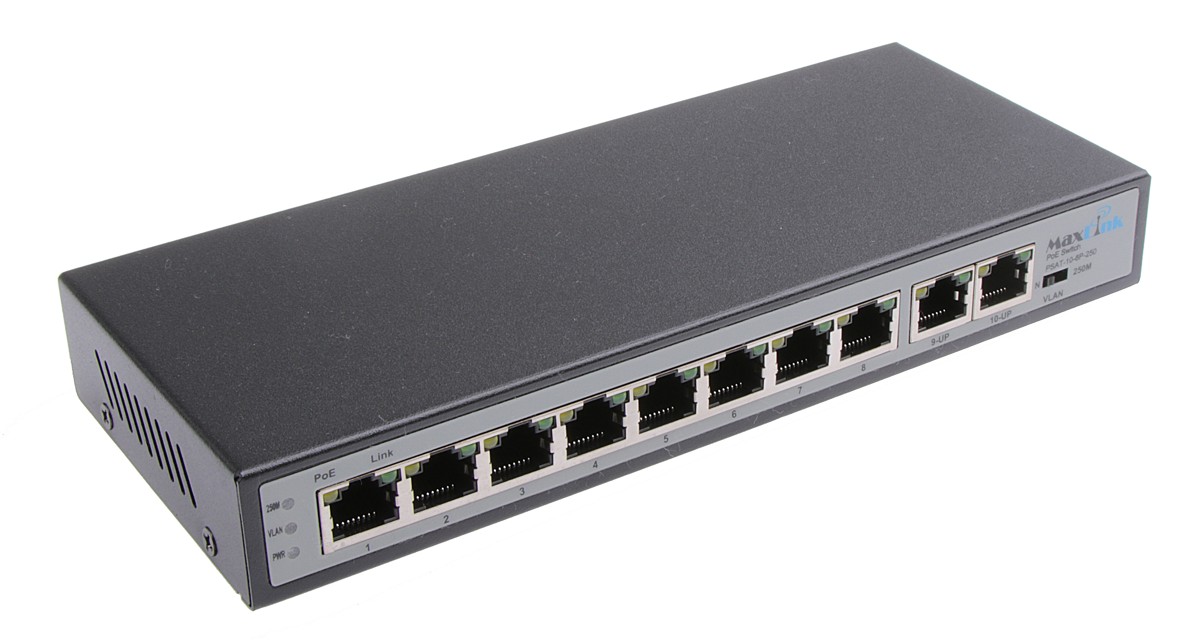 MaxLink PoE switch PSBT-10-8P-250, 10x LAN/8x PoE 250m, 802.3af/at, 120W, 10/100Mbps
