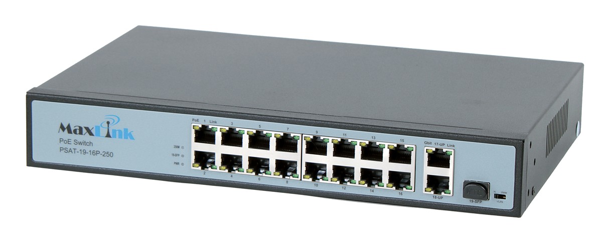 MaxLink PoE switch PSAT-19-16P-250, 18x LAN/16x PoE 250m, 1x SFP, 802.3af/at, 150W, 10/100Mbps